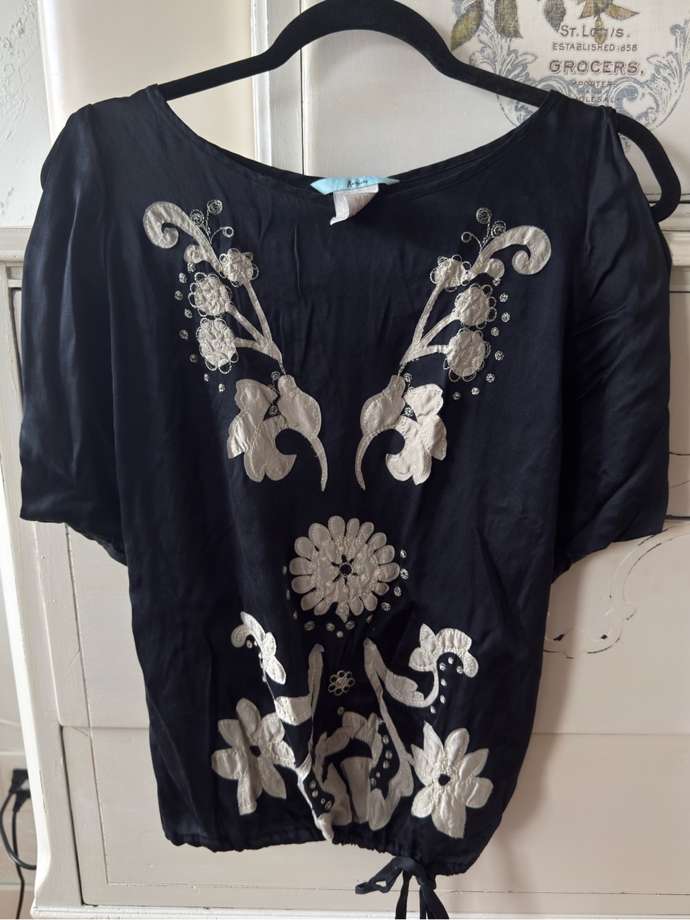 Marciano Black Blouse with Silver Floral Embroidery